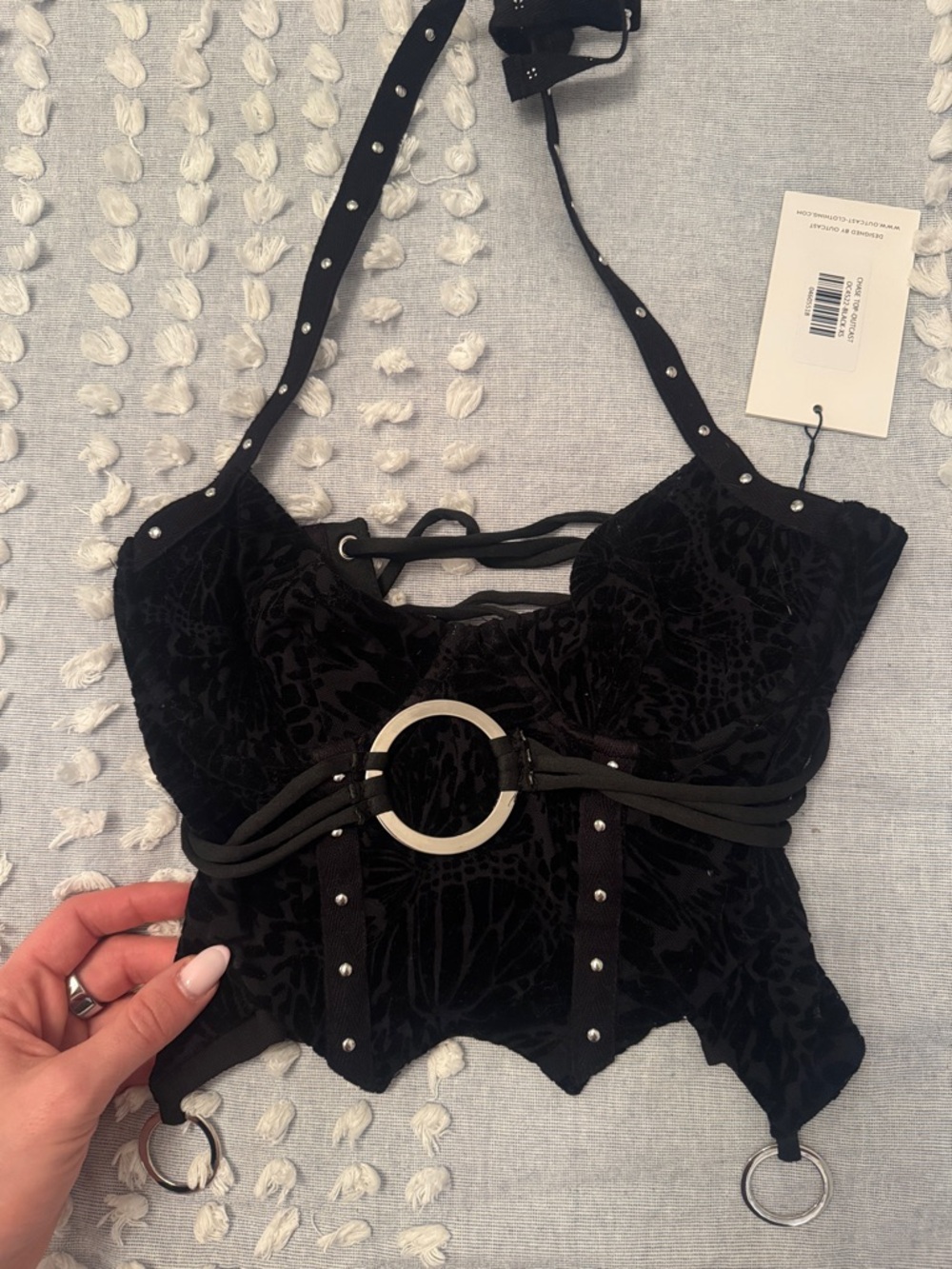 OUTCAST Black Velvet Ring-Accent Halter Corset Camisole - Picture 3 of 7